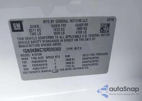 2016 Chevrolet Tahoe K1500 Lt z USA, uszkodzony, nr VIN 1GNSKBKC7GR295360